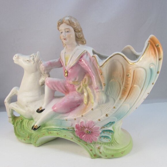 Victorian Boy on Horse Shell Bisque Planter by Wales Chinaware made in Japan - Picture 13 of 14